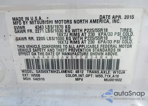 2015 Mitsubishi Outlander Sport Es из США, поврежденный, VIN 4A4AR3AW6FE034043